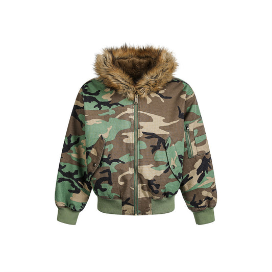 Woman wearing Camouflage Hooded Cotton Jacket in an urban setting