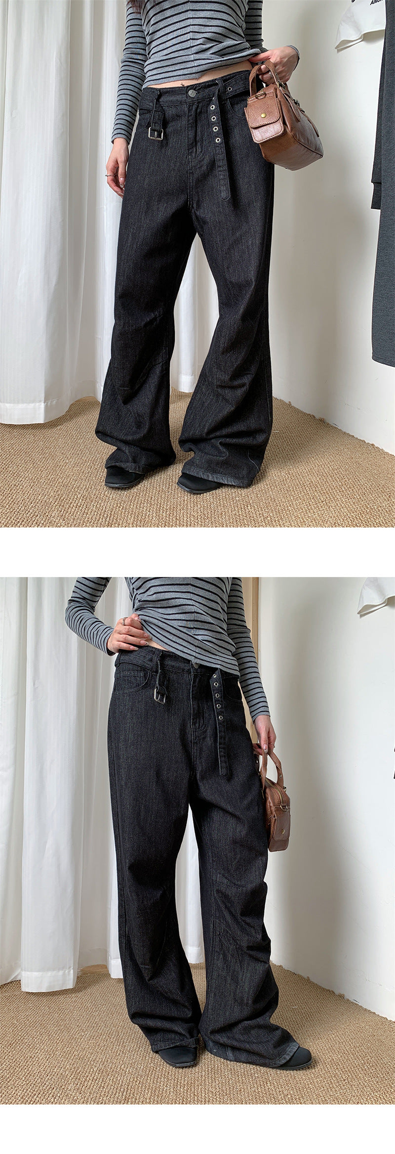 Raw Denim Faux Belted Straight Leg Jeans | Tajstylo