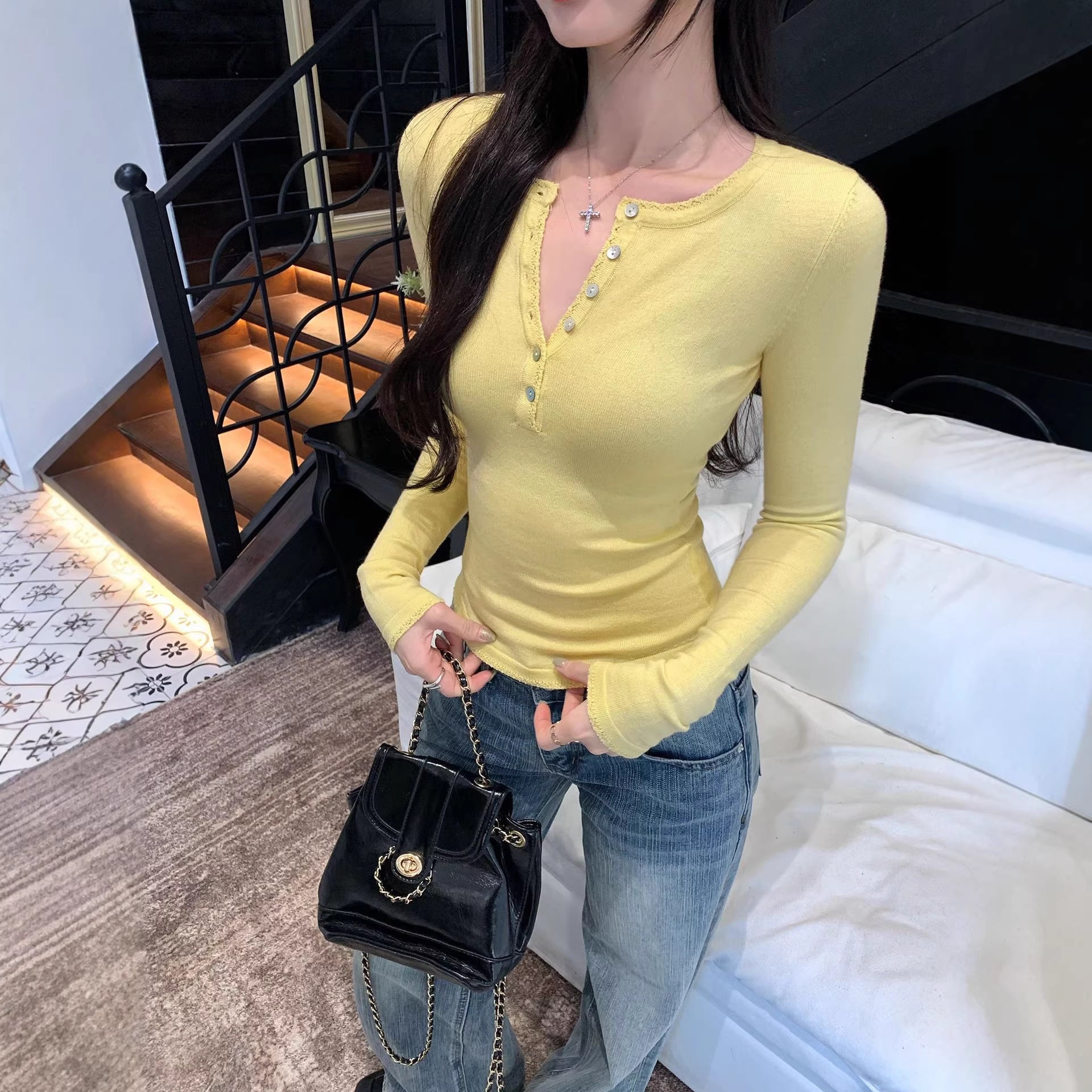 Woman wearing Long Sleeve Knit Top for Women in a casual setting