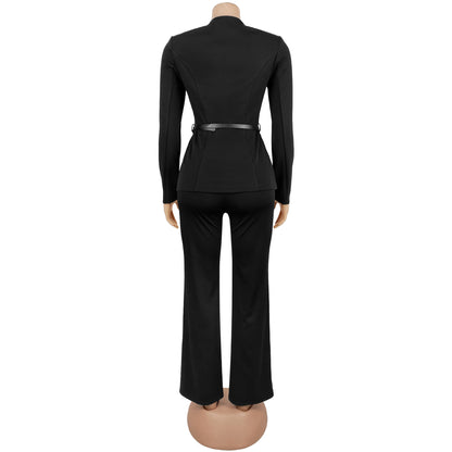 Slimming Belted Long Sleeve Top and Pants Set | Tajstylo