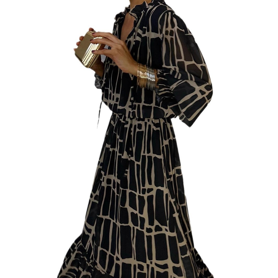 Woman wearing Women's Striped Flared Maxi Dress in an autumn setting