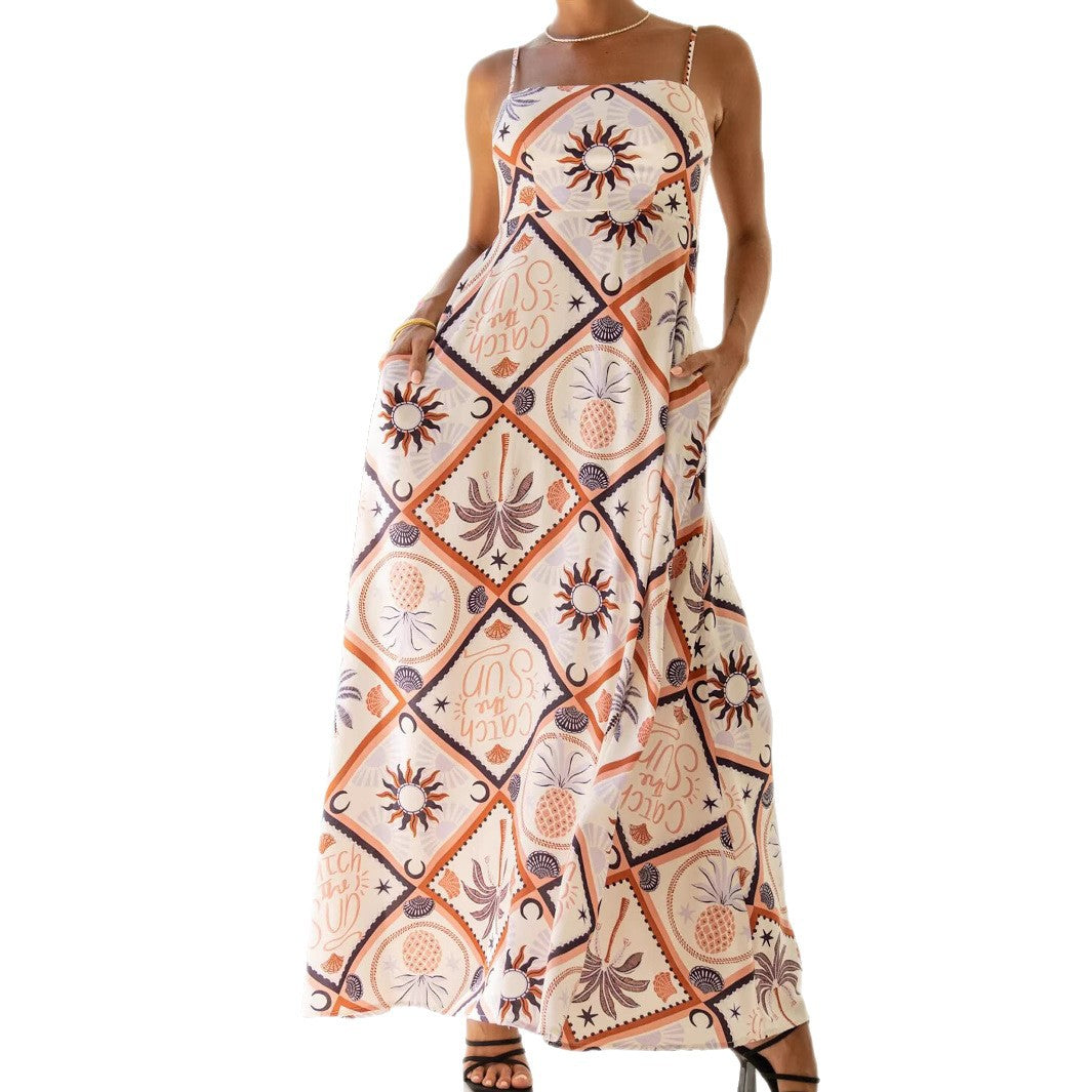 Woman wearing Women's Abstract Tile Print Bohemian Maxi Dress in a sunny beach setting
