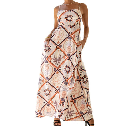 Woman wearing Women's Abstract Tile Print Bohemian Maxi Dress in a sunny beach setting