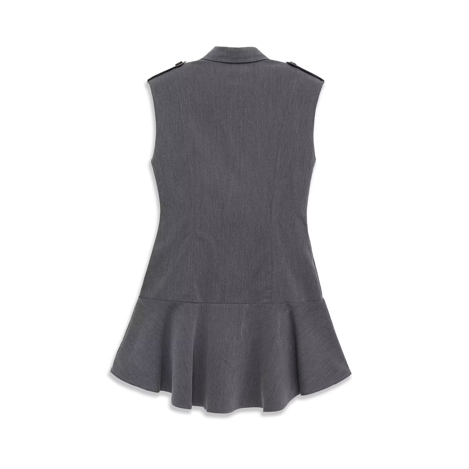 Woman wearing Gray Double Breasted Shoulder Pad Dress in a stylish setting