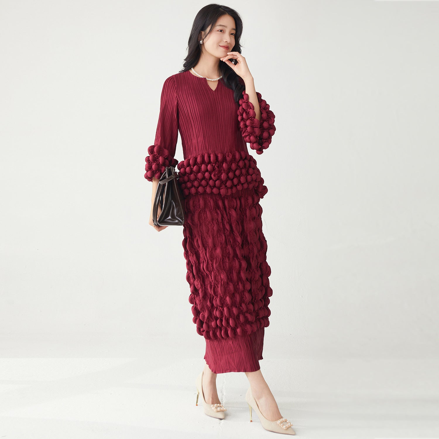 Woman wearing Elegant Two-Piece T-Shirt and Fitted Skirt Set in a stylish setting