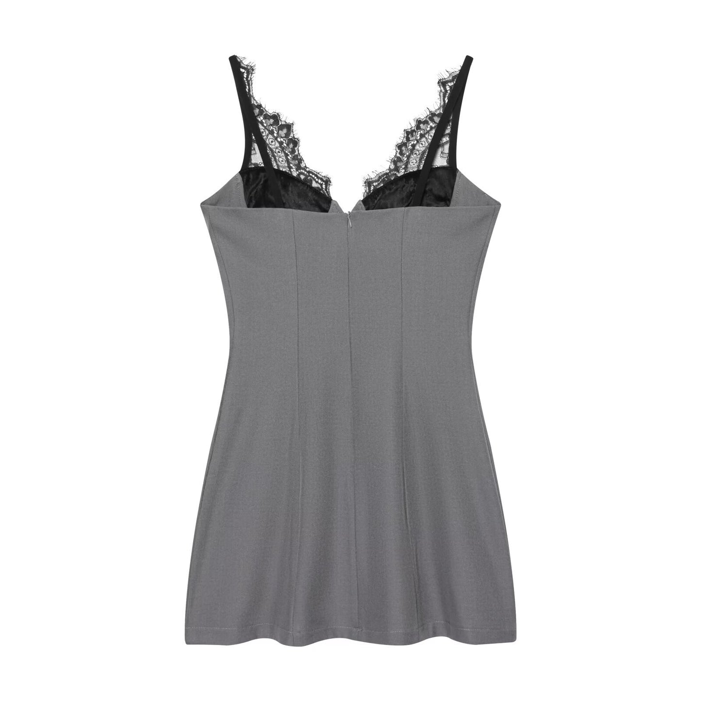 Woman wearing Lace Deep V Neck Spaghetti Strap Midi Dress in a sunny outdoor setting
