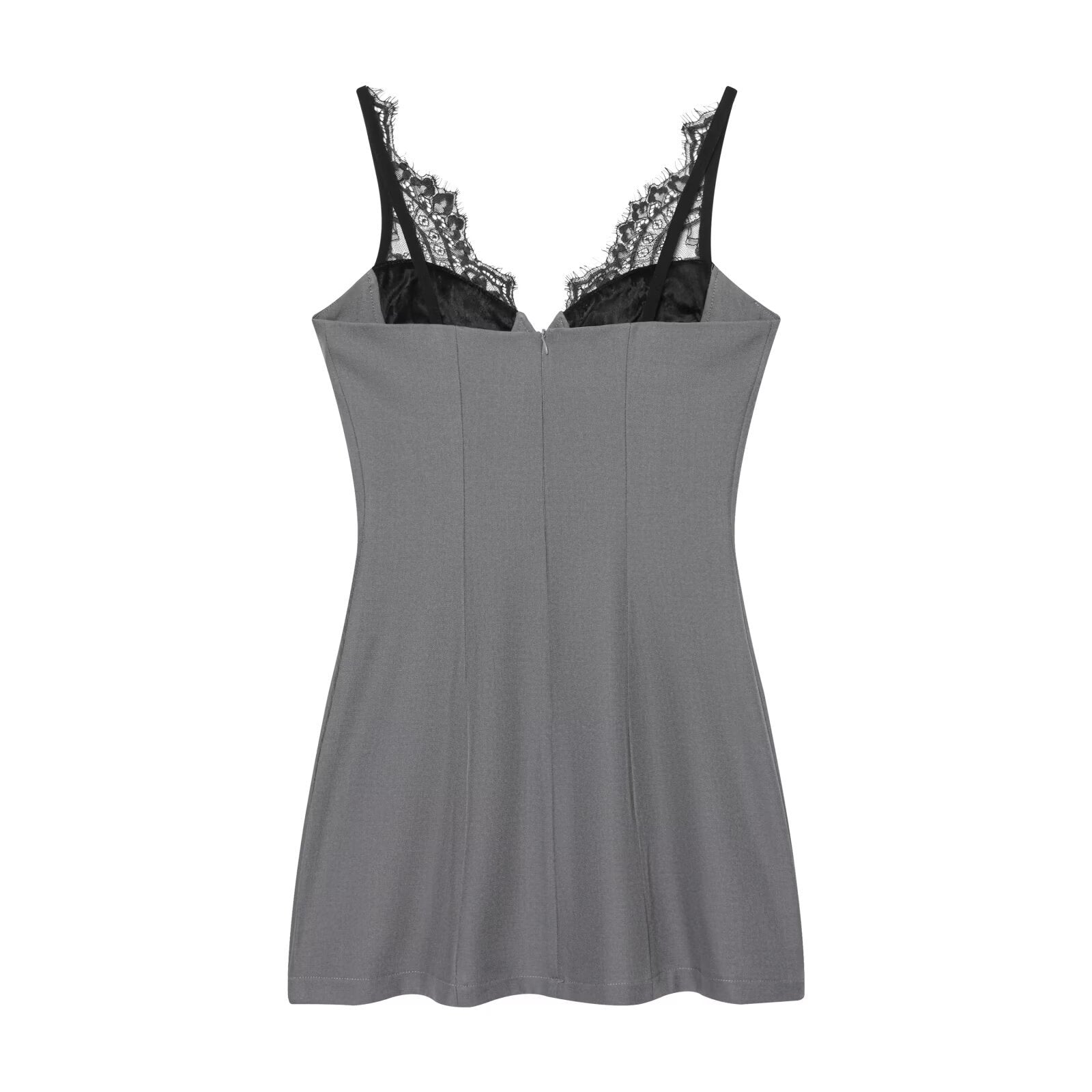 Woman wearing Lace Deep V Neck Spaghetti Strap Midi Dress in a sunny outdoor setting