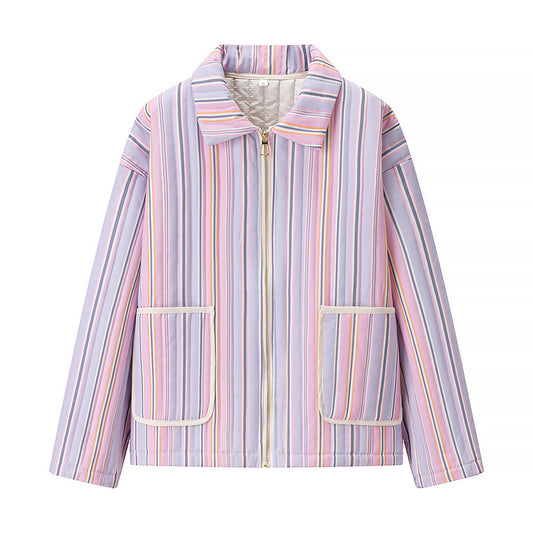 Collar Striped Zipper Jacket | Tajstylo