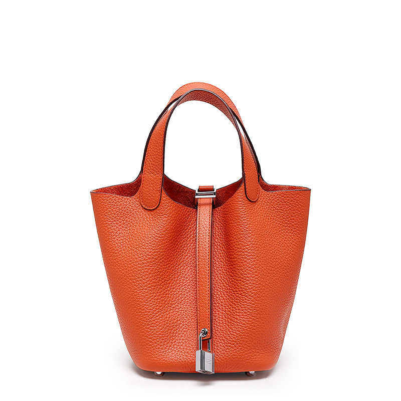 Women's Top Grain Cowhide Leather Bucket Bag – Model View | TajStylo
