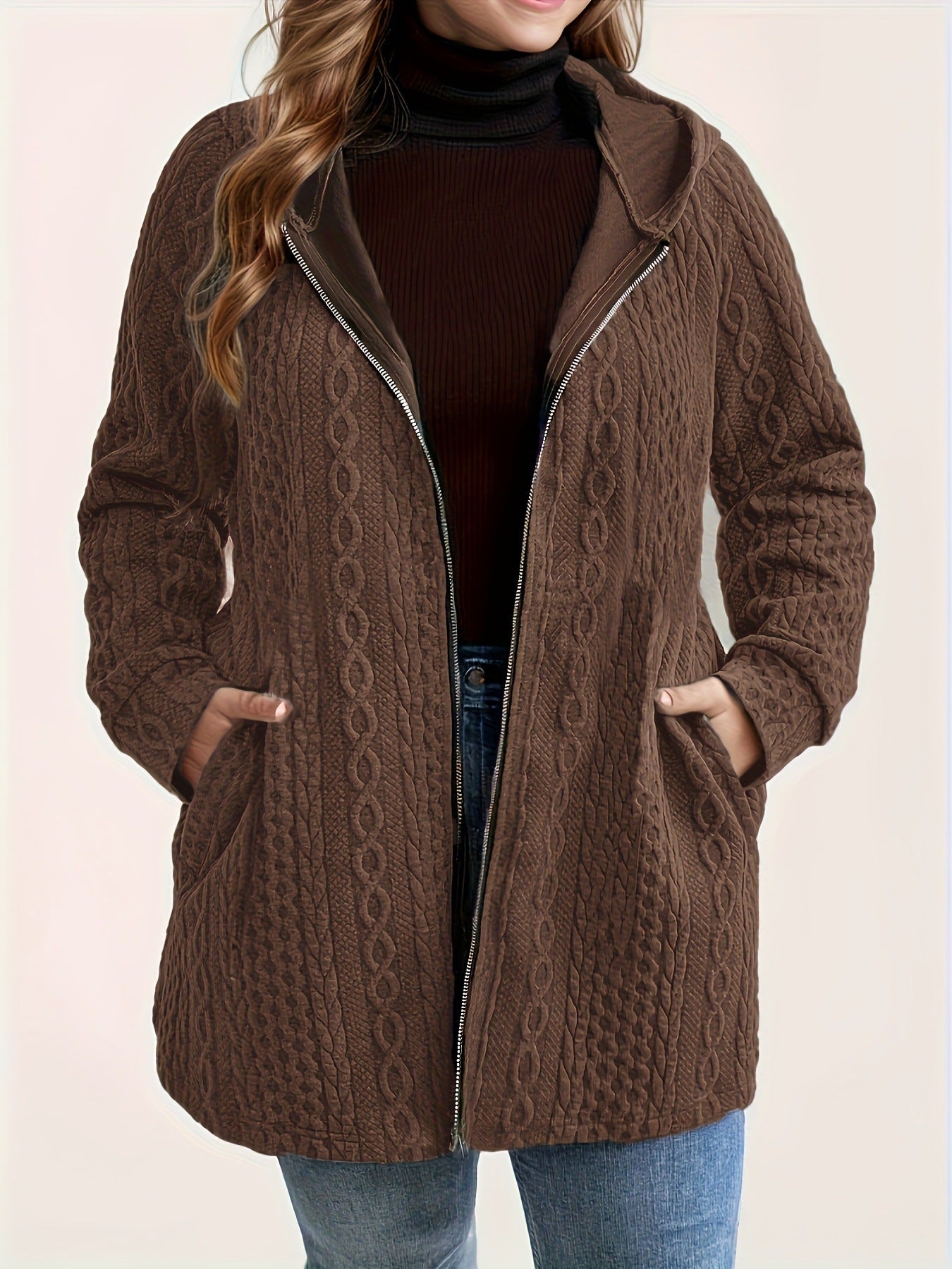 Woman wearing Solid Color Loose Zip Hoodie in a casual setting