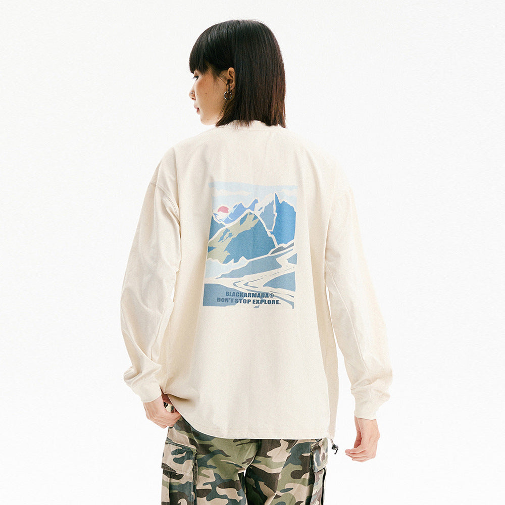 Woman wearing Landscape Oil Painting Printed Long Sleeve Shirt in an urban setting