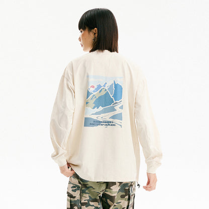 Woman wearing Landscape Oil Painting Printed Long Sleeve Shirt in an urban setting
