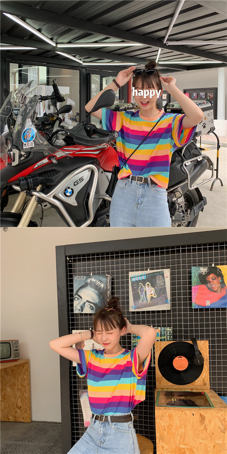 Rainbow Stripe Loose T Shirt | Tajstylo