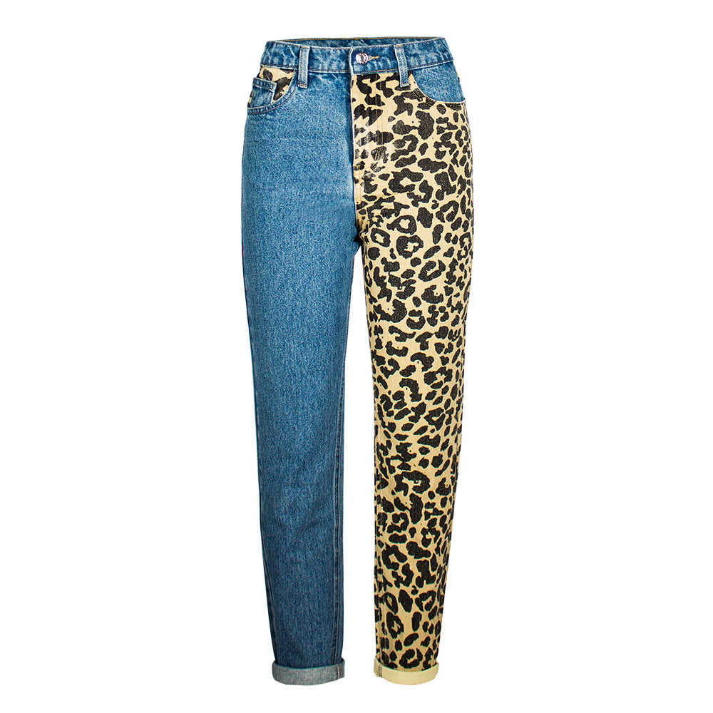 Woman wearing Leopard Print High Waist Boyfriend Jeans in a casual setting