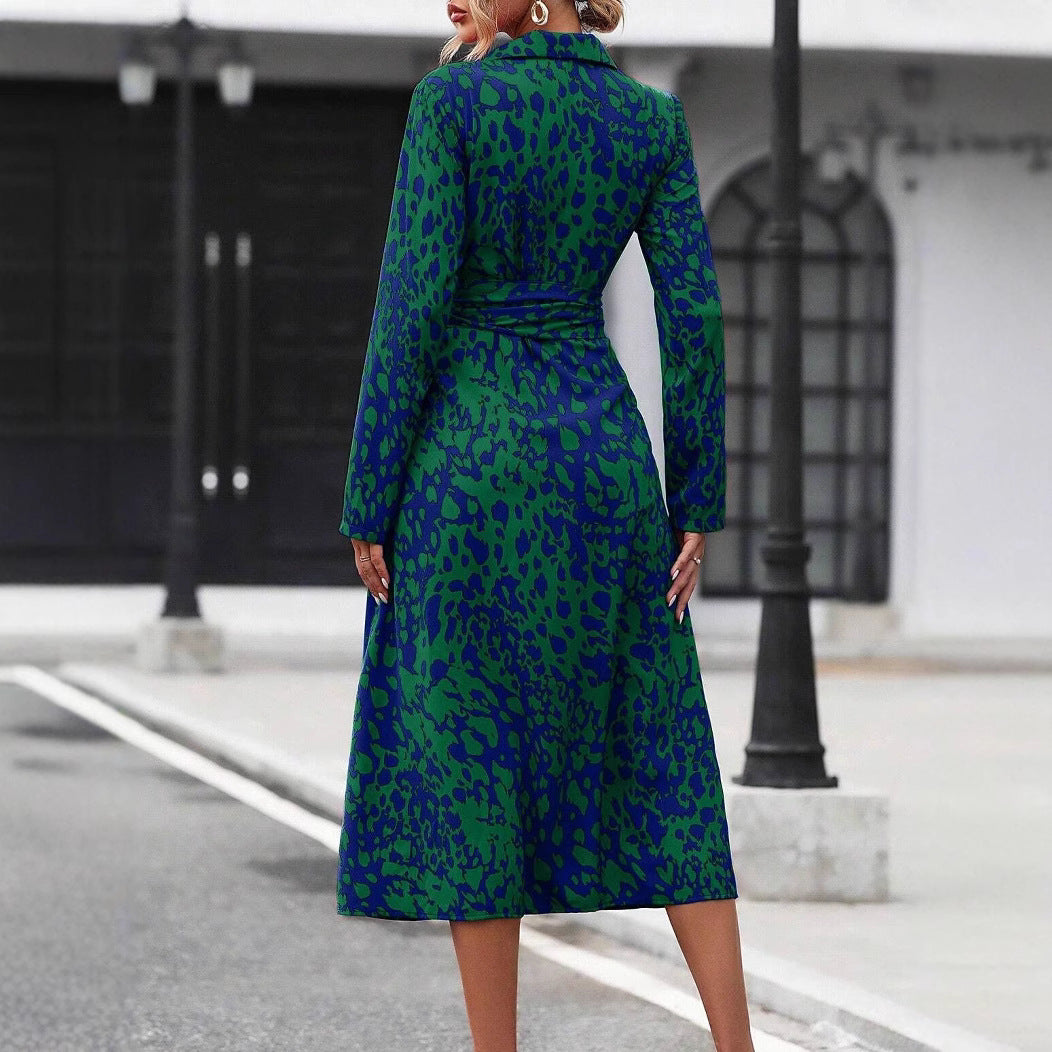 Woman wearing Floral Print Shirt Collar Maxi Dress in a sunny outdoor setting