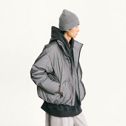 Woman wearing 3D Reflective Thickened Down Jacket in an urban setting