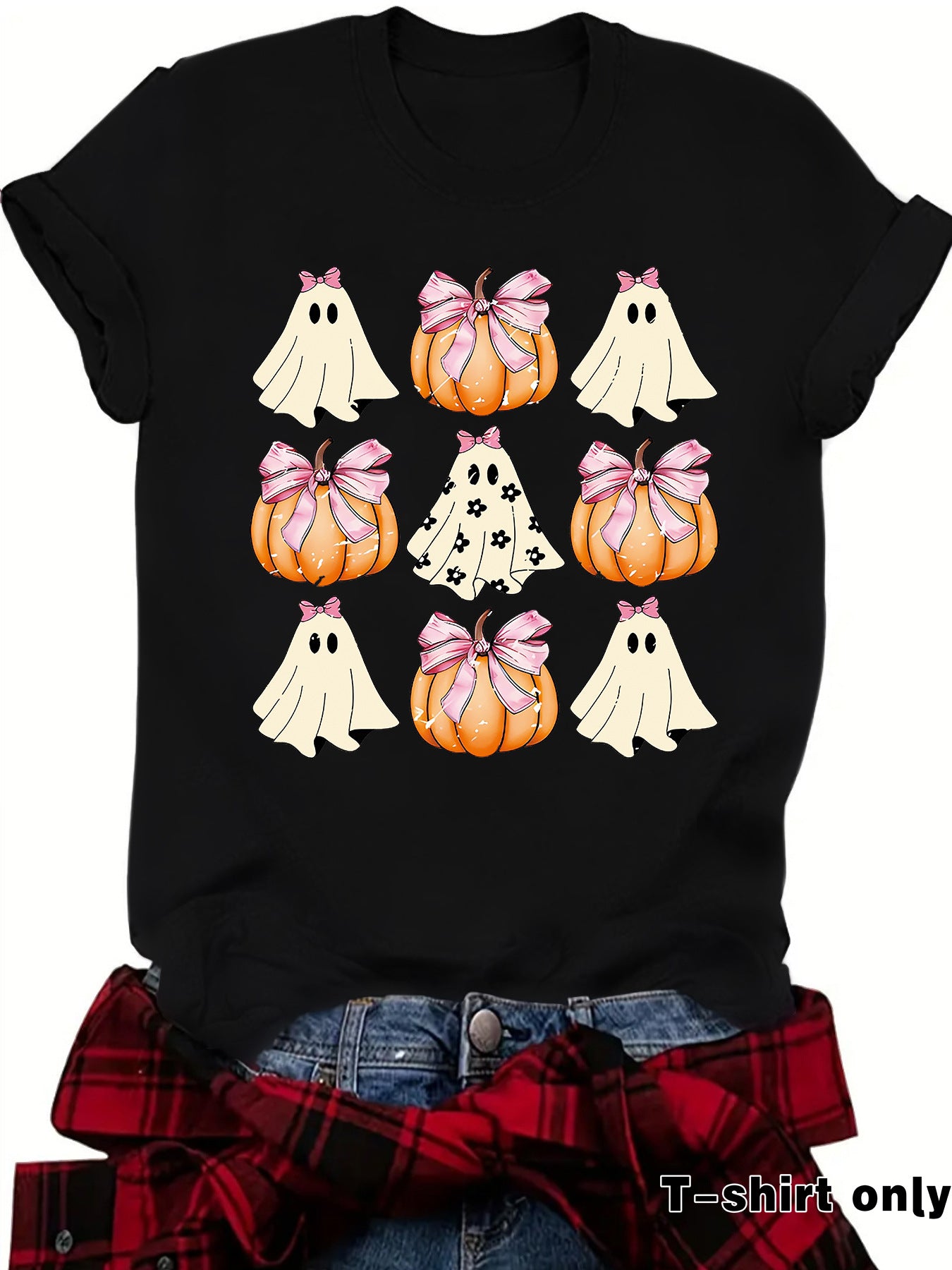 Woman wearing Funny Coquette Bow Pumpkin T-Shirt in a casual setting
