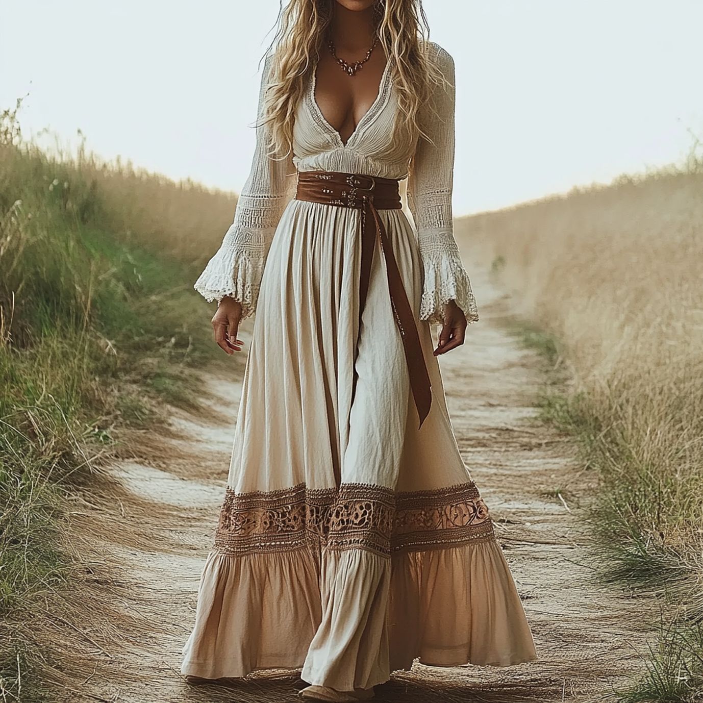 Woman wearing Vintage Western Bohemian Long Dress in a sunny outdoor setting