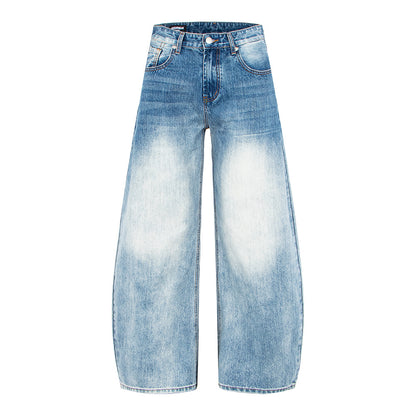 Woman wearing Vintage Bamboo Texture Loose Fit Jeans in a city setting