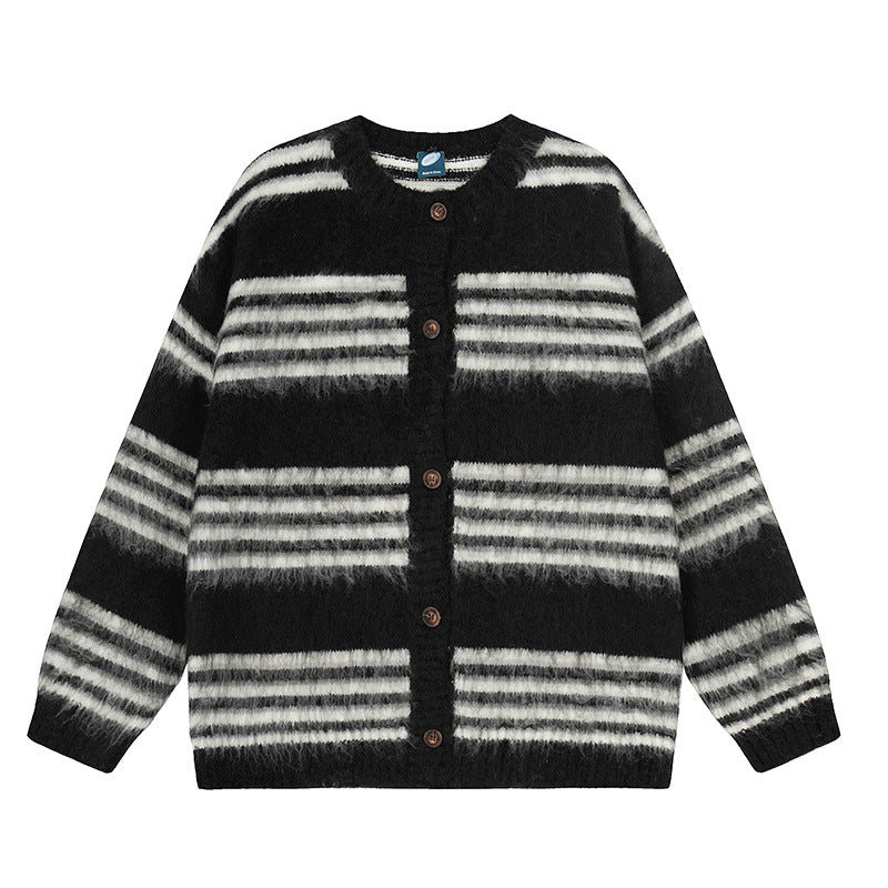 Woman wearing Striped Loose Fit Long Sleeve Cardigan Sweater in a casual setting