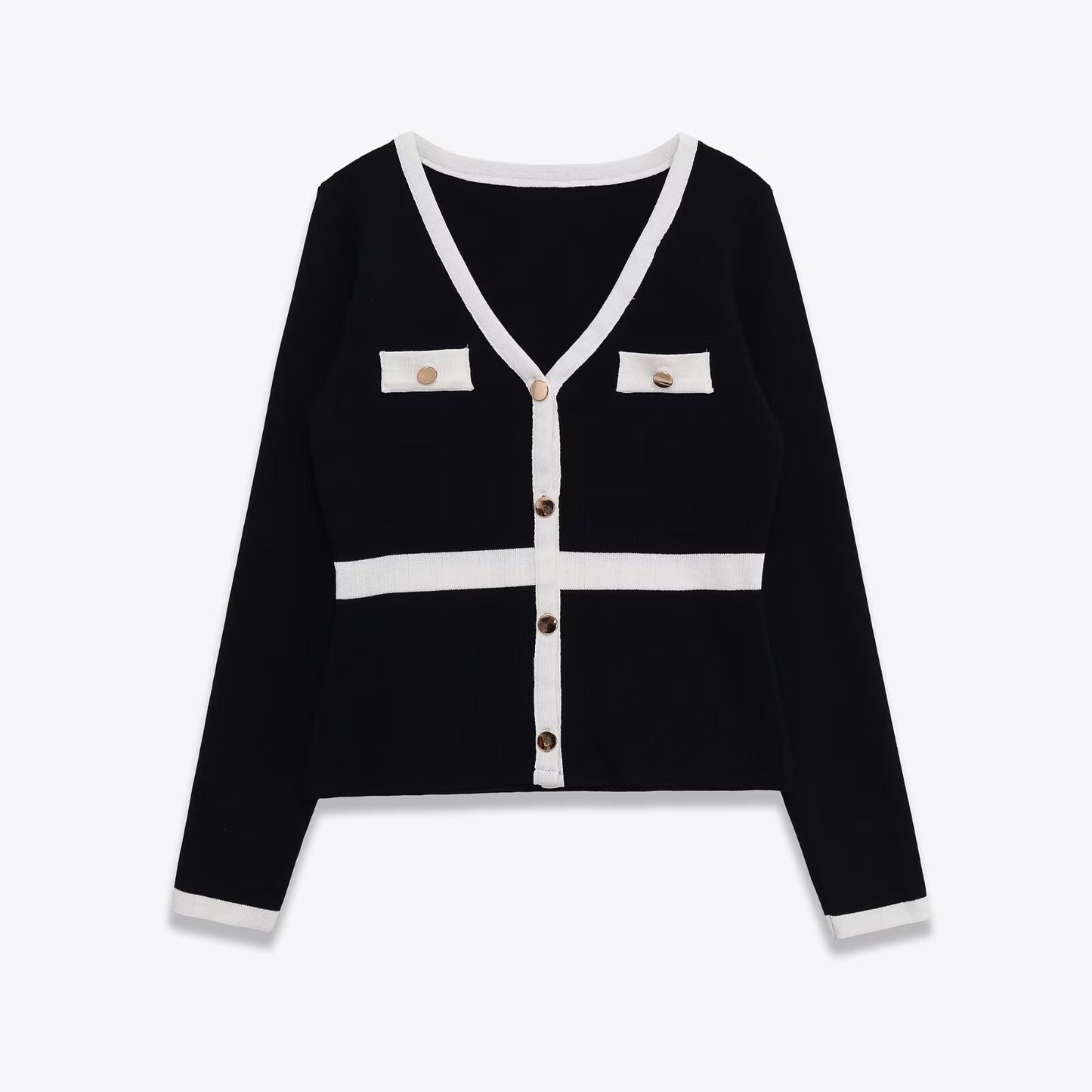 Woman wearing Color-Blocked V-Neck Cardigan Sweater in a casual setting