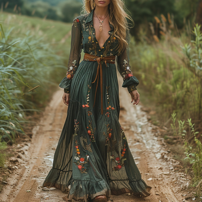 Woman wearing Retro Countryside Floral Print V Neck Long Sleeve Dress in a garden setting