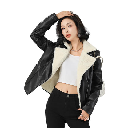 Woman wearing Thick Faux Leather Coat Jacket in winter setting