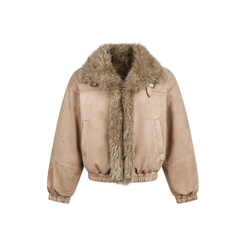 Woman wearing Fur Integrated Cotton Jacket in an urban setting