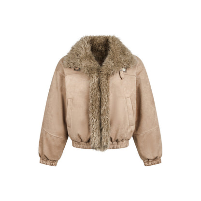 Woman wearing Fur Integrated Cotton Jacket in an urban setting