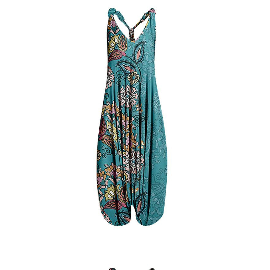 Woman wearing Printed Sleeveless Loose Knit Overalls in a city setting