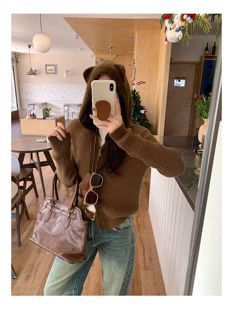 Hooded Knit Cardigan with Fur Collar | Tajstylo