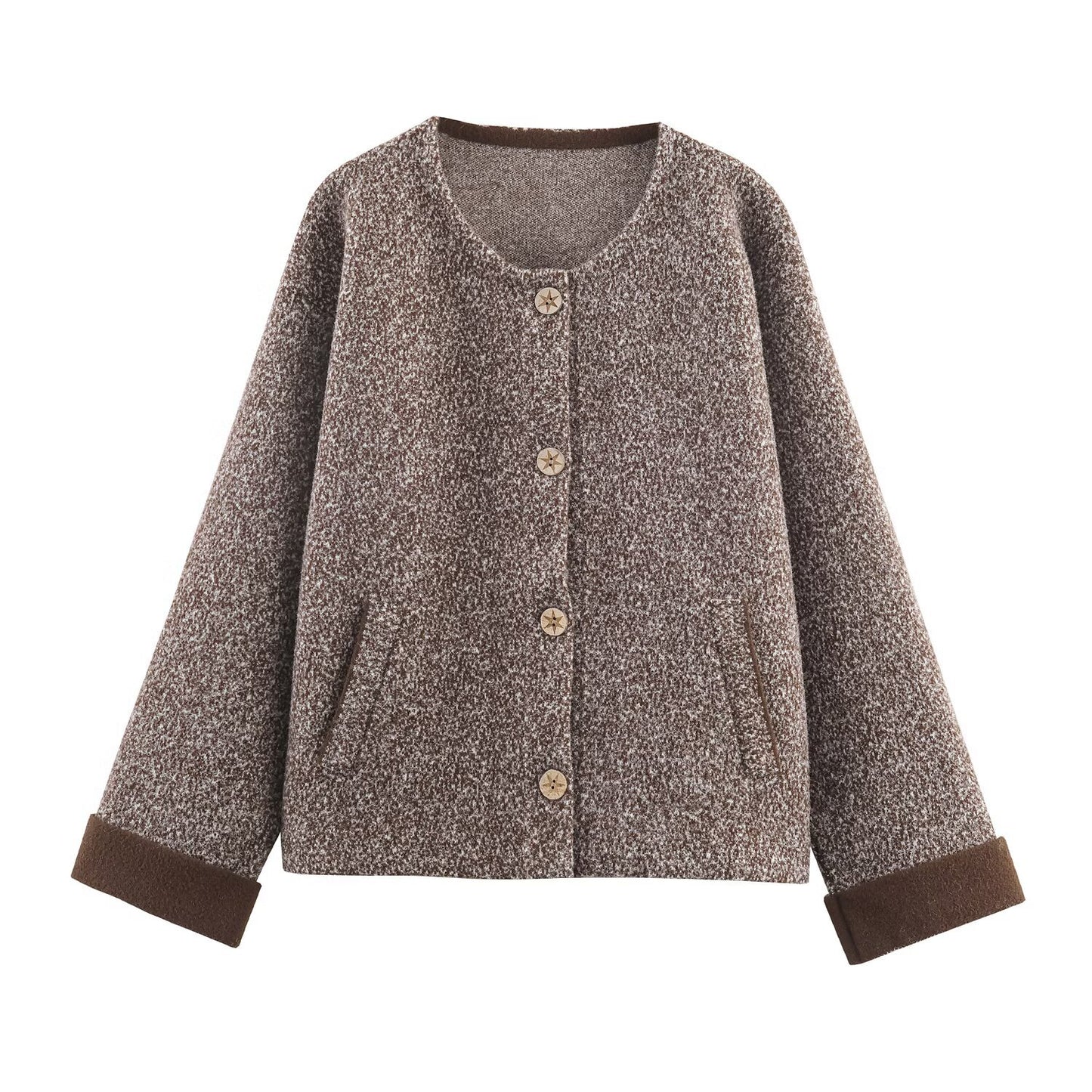 Woman wearing Flower Yarn Cocoon Sweater Jacket in a cozy setting