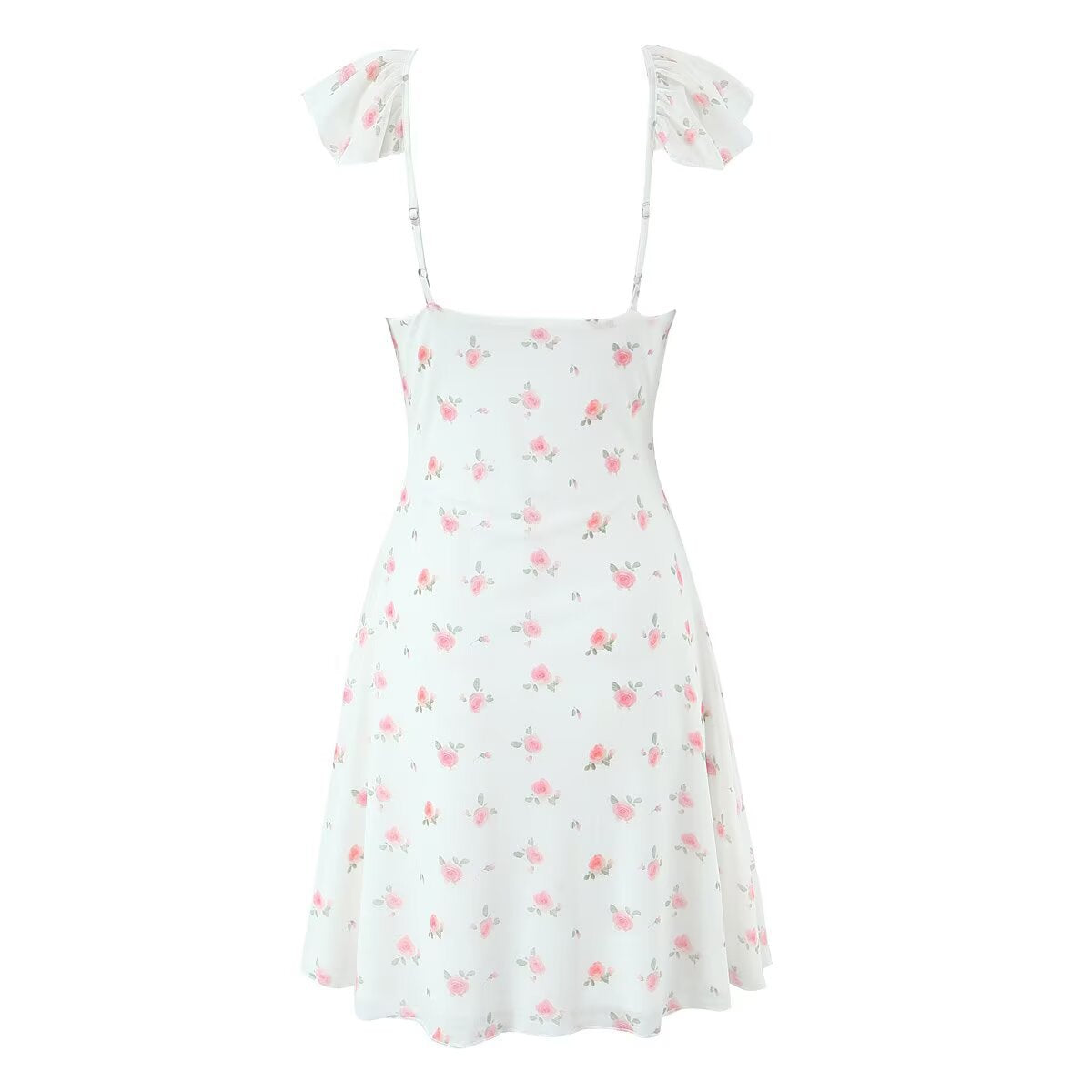 Woman wearing Halter Neck Lace Tie Back Printed Dress in a summer setting