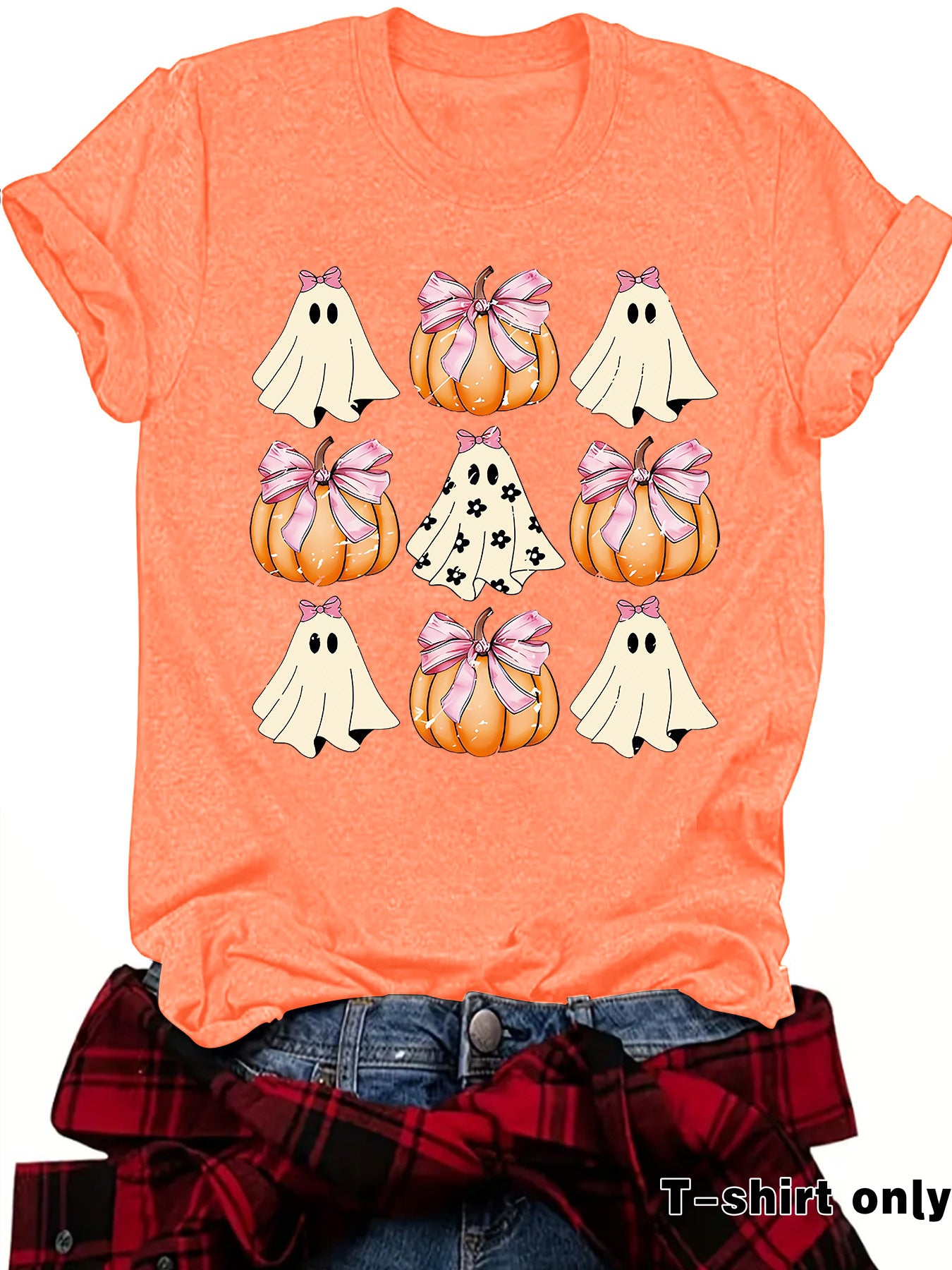 Woman wearing Funny Coquette Bow Pumpkin T-Shirt in a casual setting