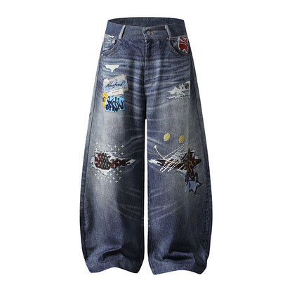 Woman wearing Embroidered Denim Wide Leg Straight Pants in a casual setting
