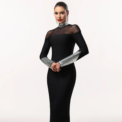Elegant High Neck Long Sleeve Fitted Dress | Tajstylo