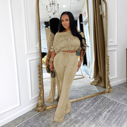 Flattering Two Piece Set with Crop Top and Flared Pants | Tajstylo