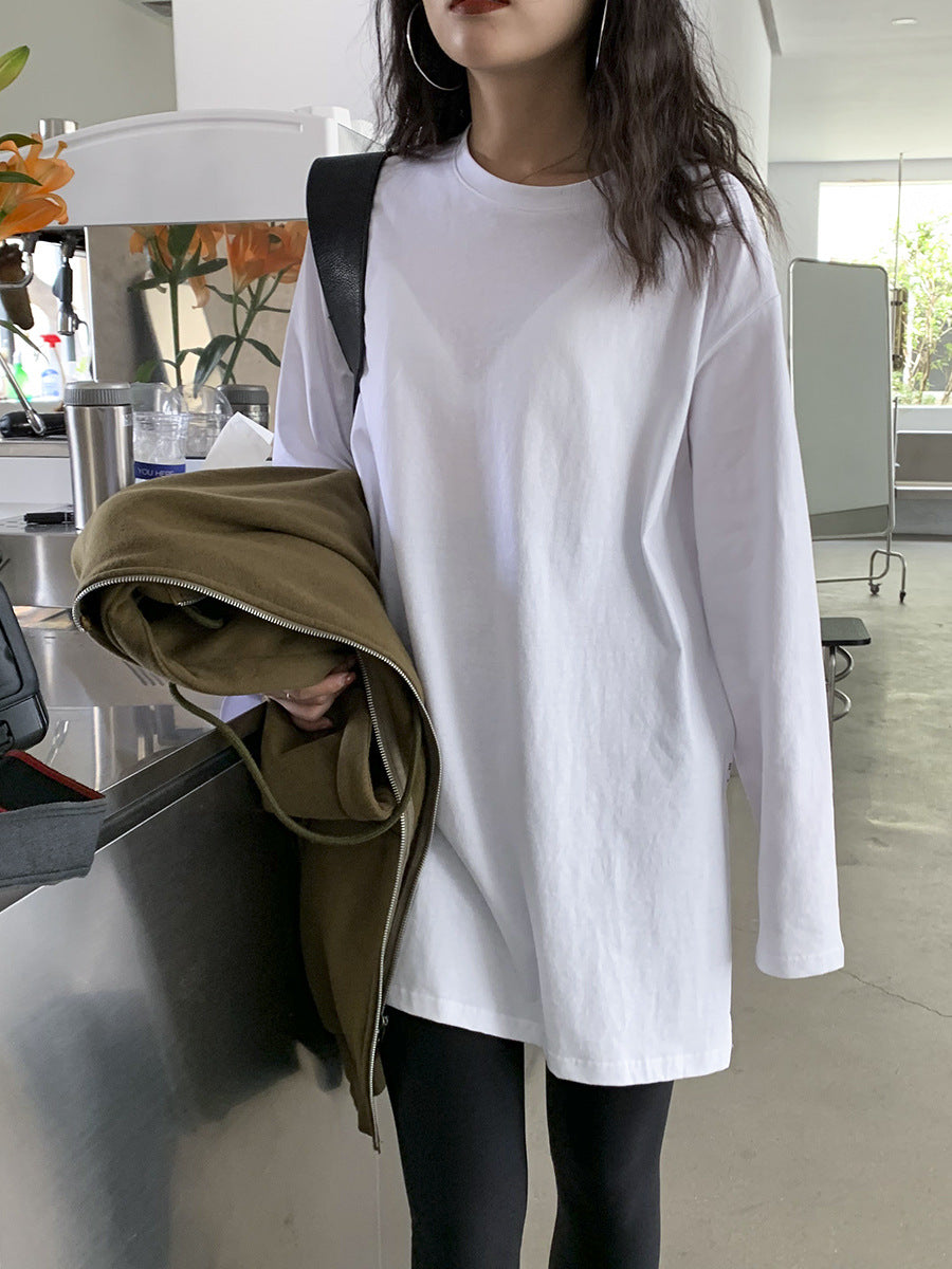 Solid Color Side Slit Long Sleeve T-Shirt | Tajstylo