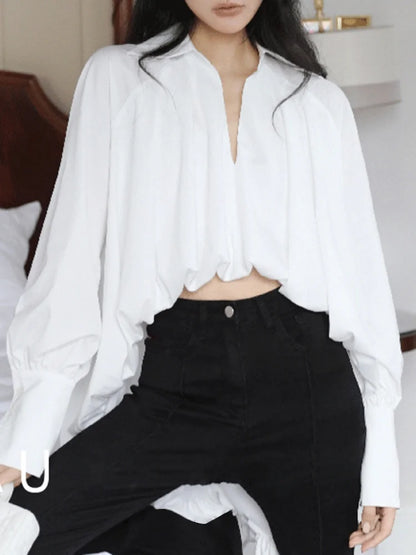 Elegant White Lapel Blouse for Women | Tajstylo