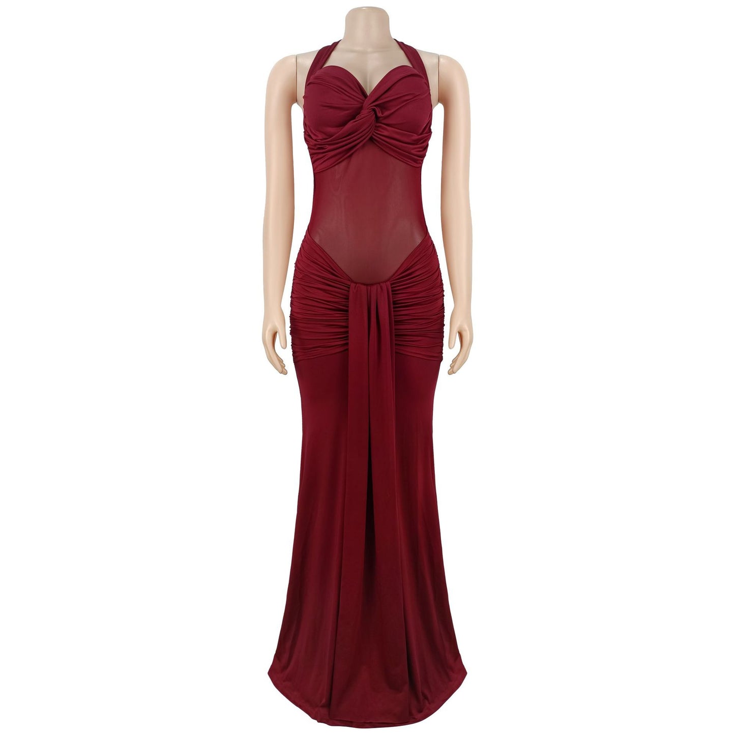 Sheer Mesh Halter Tie-Back Bodycon Dress | Tajstylo
