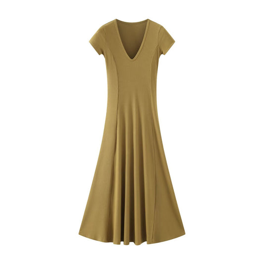 V-Neck Ribbed Long Dress | Tajstylo