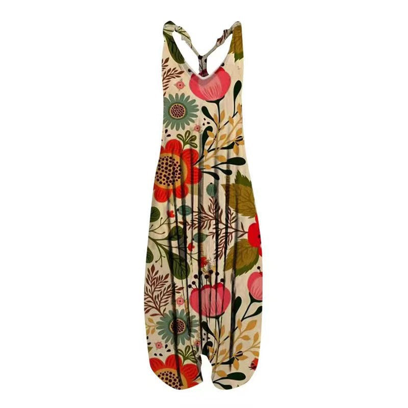 Woman wearing Printed Sleeveless Loose Knit Overalls in a city setting