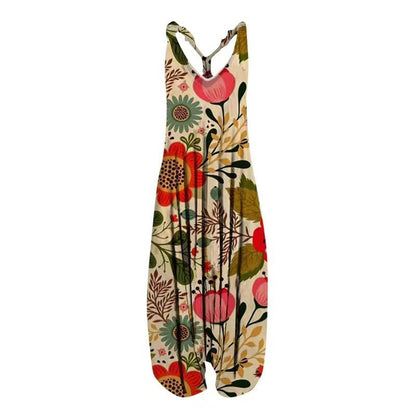 Woman wearing Printed Sleeveless Loose Knit Overalls in a city setting
