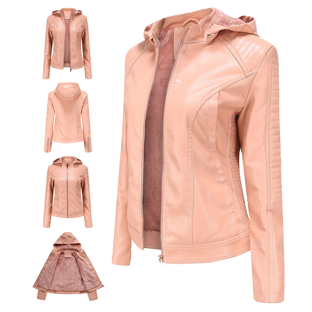 Woman wearing Hooded Long Sleeve Zip-Up Casual Jacket in a casual outdoor setting