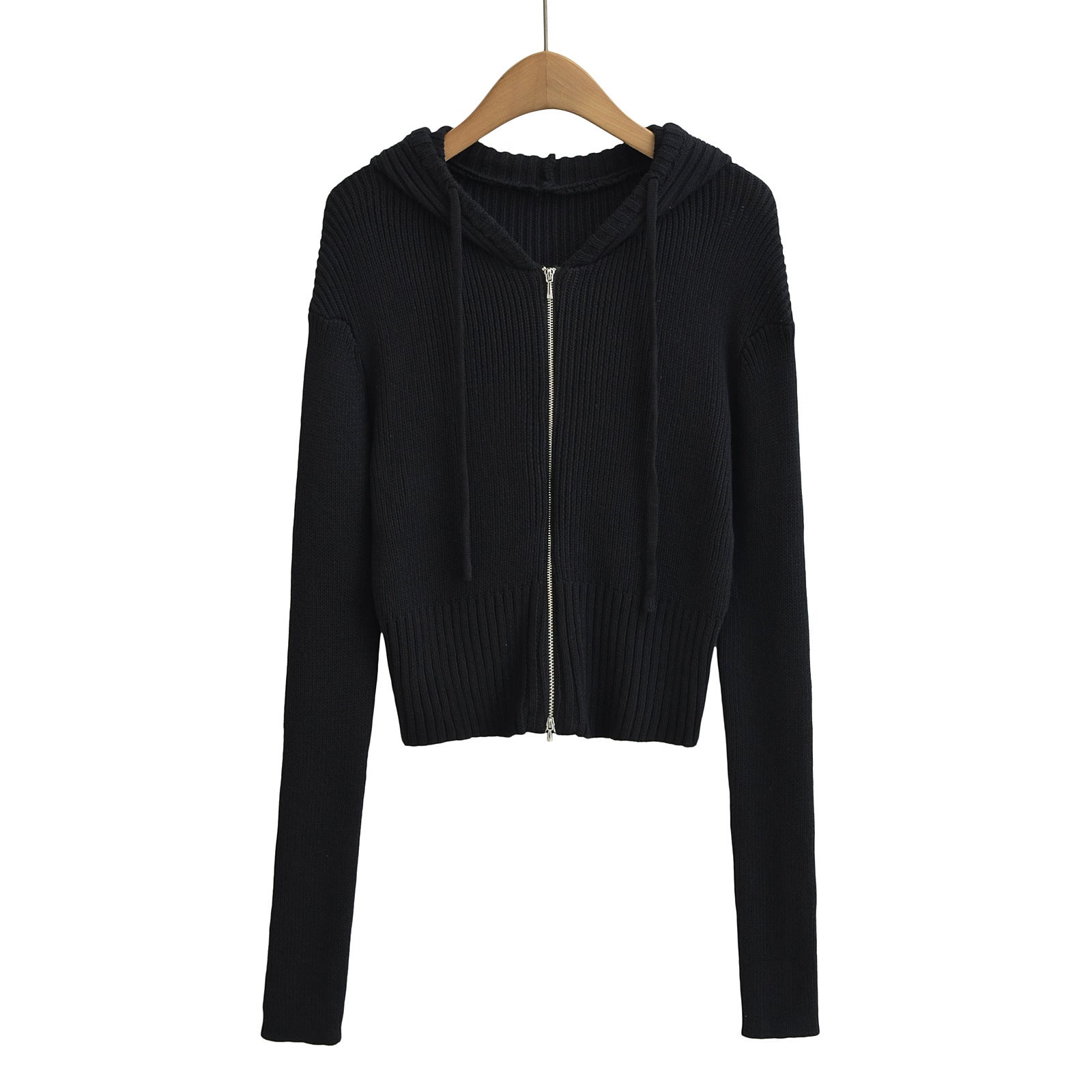 Woman wearing Zipper Hooded Cardigan Sweater in a casual outdoor setting