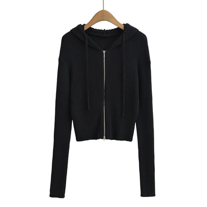 Woman wearing Zipper Hooded Cardigan Sweater in a casual outdoor setting
