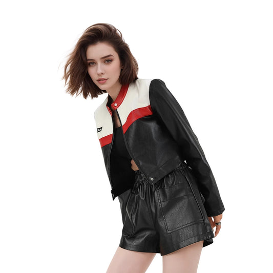 Woman wearing Splicing Short Jacket in a casual outdoor setting