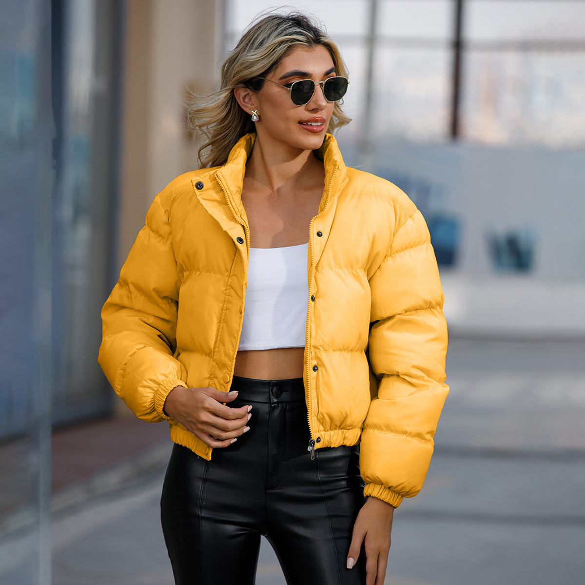 Woman wearing High Neck Loose Fit Long Sleeve Jacket in a casual outdoor setting