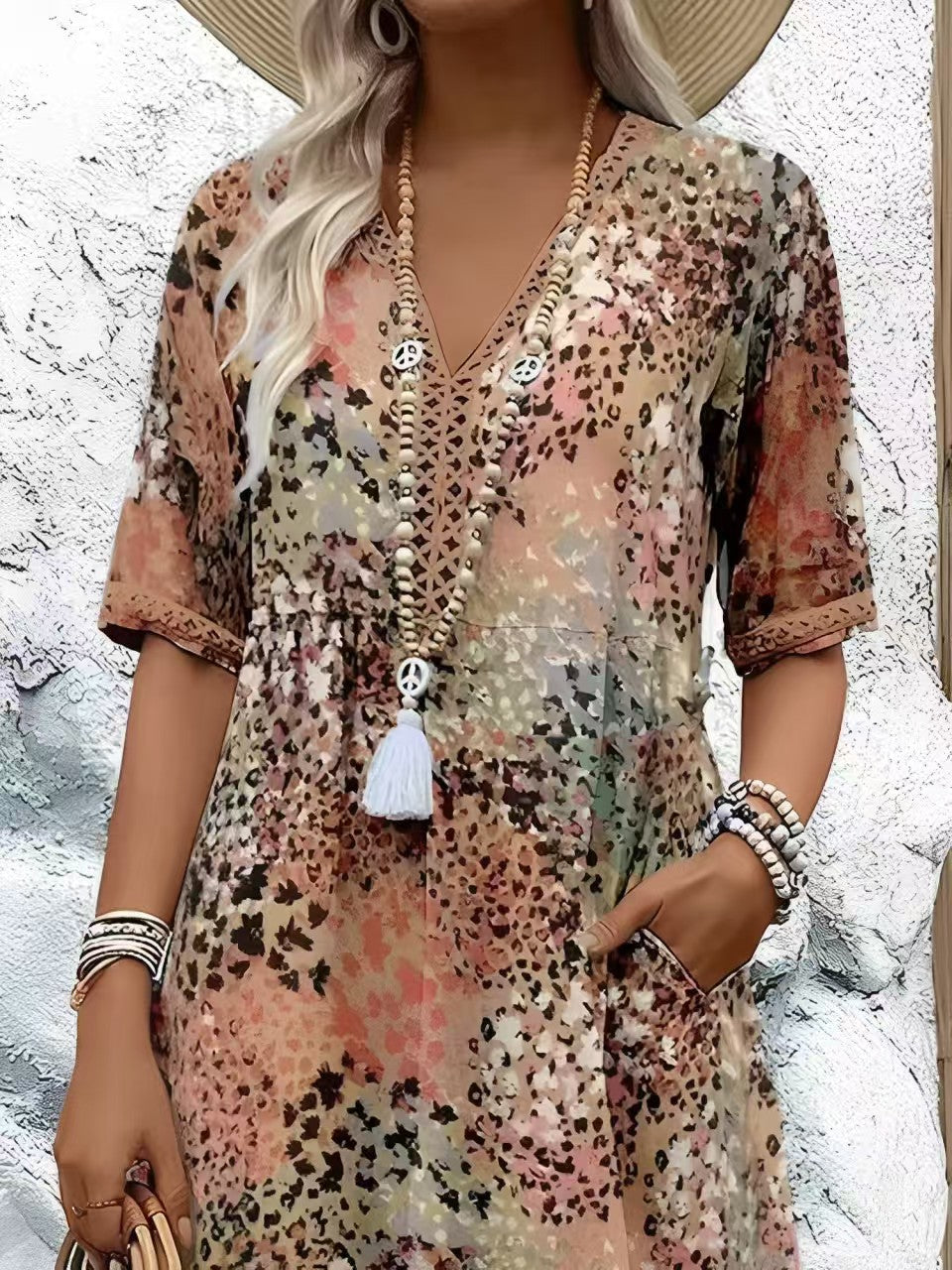 Color Blocked Lace Trim V Neck Short Sleeve Dress | Tajstylo