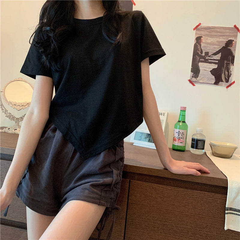 Irregular Drawstring Cropped T-Shirt | Tajstylo